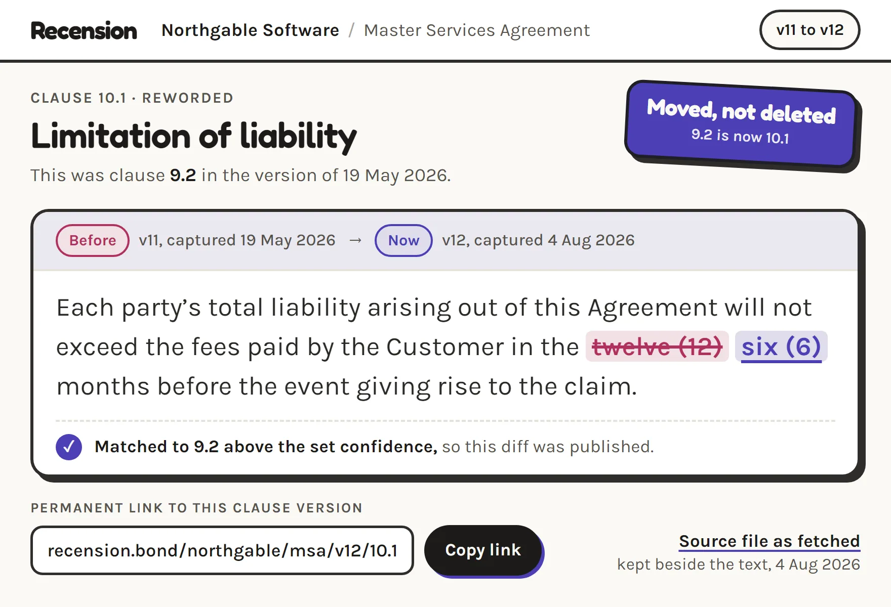 A sample vendor's liability clause, moved from 9.2 to 10.1, with twelve months struck out and six marked in, both capture dates and its permanent link.
